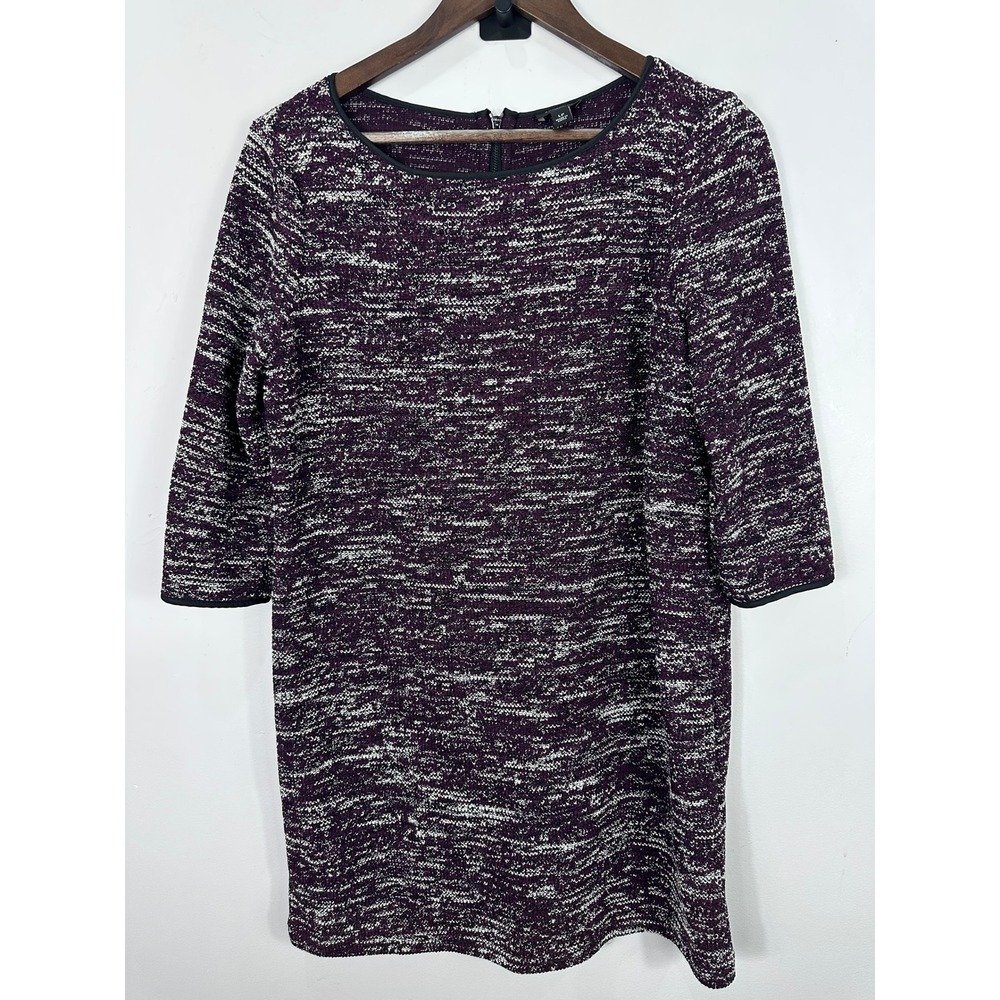 Ann Taylor Tweed Shift Dress Womens LP Purple 3/4 Sleeve Exposed Zip Office Work